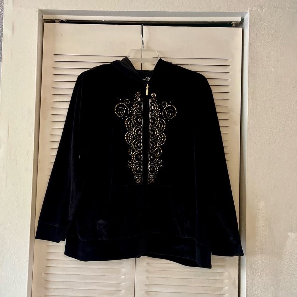 Onque Woman Black Velvet Hoodie with Gold Embellishments